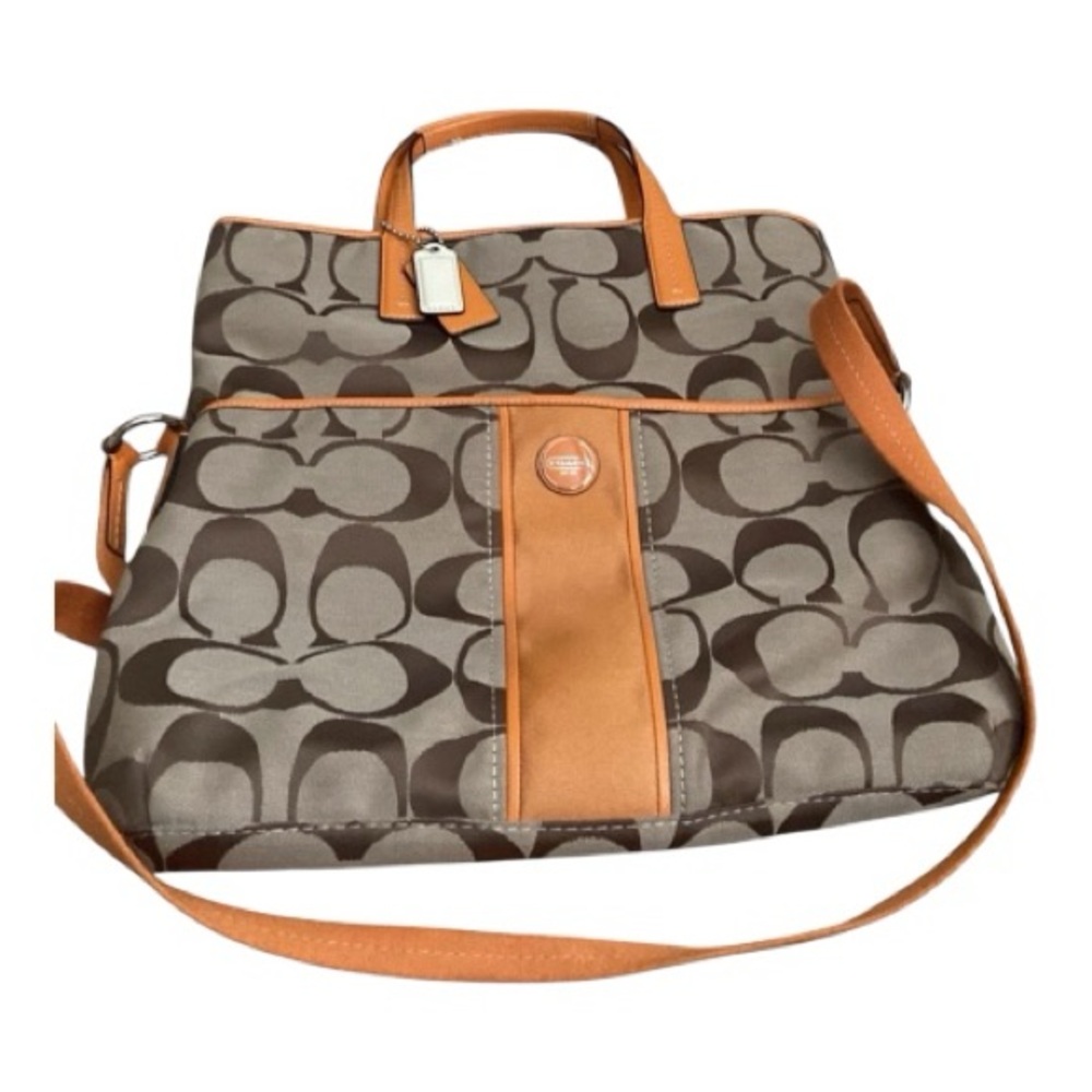 Coach Tan and Brown Fold Over Tote Shopper Signature Stripe